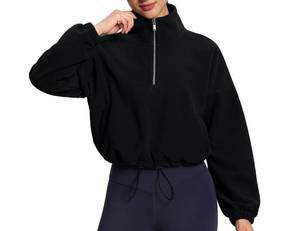 lot 88783 image: THE GYM PEOPLE Women�s Half Zip Crop Pullover Sweatshirt Fleece Stand Collar Workout Tops with Pockets Drawstring Hem Black XS