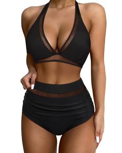 lot 88786 image: SUUKSESS Women Sexy High Waisted Bikini Sets Mesh Tummy Control Two Piece Swimsuits Halter Push Up Bathing Suits(Black,L)