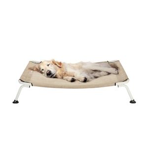 lot 88804 image: Veehoo Curved Cooling Elevated Dog Bed, White Frame Outdoor Raised Dog Cot, Chew Proof Pet Bed with Washable & Breathable Textilene Mesh, Non-Slip Feet for Indoor & Outdoor, Large, Black Silver