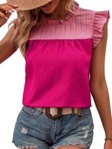 lot 88805 image: Milumia Womens Color Block Mock Neck Flutter Sleeve Keyhole Blouse Casual Work Tops L Hot Pink X-Large