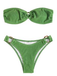 lot 88809 image: ZAFUL O Ring Bandeau Bikini Sets for Women Textured Strapless Swimsuits Sexy Leopard Ring High Cut Bathing Suit Green S