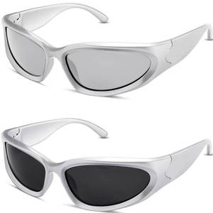lot 88813 image: milramtob Y2K Wrap Around Sunglasses Trendy Silver Glasses Retro 90s Shades Women Futuristic