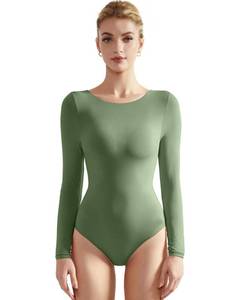 lot 88815 image: SUUKSESS Women Long Sleeve Bodysuit Basic Crew Neck Thong Body Suit Shirts Top (Army Green, M)