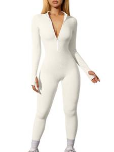 lot 88822 image: OQQ Women Yoga Jumpsuits Workout Ribbed Long Sleeve Zip Front Sport Jumpsuits Beige Large
