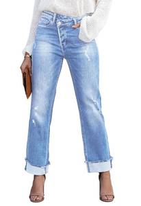 lot 88825 image: Fooullaide Womens Straight Leg Crossover Distressed Denim Pants High Waisted Boyfriend Light Wash Jeans XL