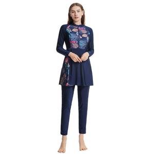 lot 88830 image: Muslim Swimsuits for Women Modest Swimwear Islamic Long Sleeve Burkini Swimsuit Full Cover Hijab Swimming Cap Top Pants Rash Guard 3 Piece Swim Sets Muslim Bathing Suits Navy  Pink Floral XX-Large
