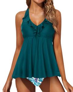 lot 88832 image: B2prity Two Piece Tankini Swimsuits for Women Tummy Control Bathing Suits Ruffle V Neck Swimwear with Shorts(Yellow) 3XL Not Green