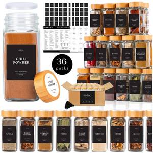 lot 88849 image: FINESSY 36 Pack 4 oz Glass Spice Jars with Labels Wooden Bamboo Lids Black, Seasoning Containers with Labels Bamboo Spice Jar Set Organizer, Seasoning Organizer Jars, Airtight Spice Containers Bottles