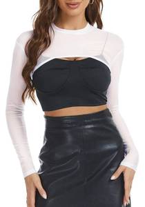 lot 88852 image: Womens Fishnet Crop Tops Long Sleeve Mesh Slim Fit Net T Shirts for Clubwear(Black,2XL) Not White
