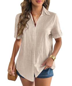 lot 88867 image: Zeagoo Basic Button Up Shirts for Women Linen Button Down Short Sleeve V Neck Collar Casual Blouses Tops Light Khaki XL