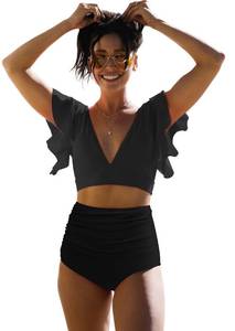 lot 88876 image: SPORLIKE Women Ruffle High Waist Swimsuit Two Pieces Push Up Black Bikini (Black,Medium)