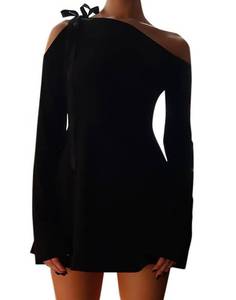 lot 88892 image: HYPERFIRE Womens Shoulder Tie Long Sleeve Asymmetrical Dress Boat Neck Mini Cocktail Dresses Black X-Small