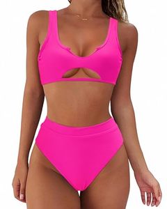 lot 88904 image: SUUKSESS Women Cutout Bikini Sets Push Up High Waisted Swimsuits 2 Piece (L(6-8), Hot Pink)