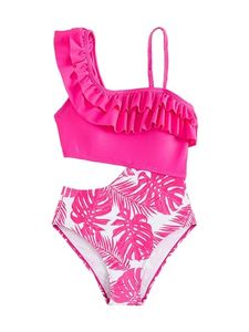lot 89545 image: Floerns Girls Monokini Swimwear One Shoulder Ruffle Trim Cut Out One Piece Swimsuit Pink Tropical 11-12Y