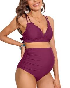 lot 89557 image: Charmo Maternity Swimsuit Bikini Set Scallop Trim Pregnancy Swimwear High Waist Two Piece Bathing Suit Dark Magenta M