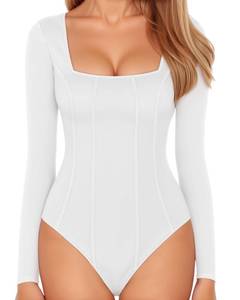 lot 89564 image: MANGOPOP Square Neck Body Suits for Womens Long Sleeve Black Bodysuit Tops (Longsleeve White, X-Small)