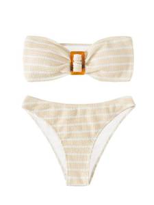 lot 89565 image: GORGLITTER Womens 2 Piece Striped Swimsuit Strapless Bandeau High Waisted Thong Bikini Set Bathing Suit Khaki X-Small