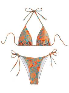 lot 89566 image: Falainetee Womens High Waisted Bathing Suit Allover Floral Print Triangle Halter Swimsuit Bikini Set 2 Piece Yellow XS