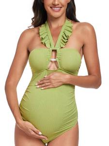 lot 89567 image: EastElegant Maternity Ruffle Ribbed Cutout One Piece Swimwear Square Ring Linked Pregnancy Bathing Suit Grass Green S