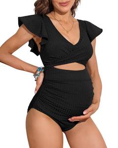 lot 89576 image: Charmo Maternity One Piece Swimsuit Ribbed Ruffled Tie Back Swimwear Ruched Cut Out Twist Pregnancy Bathing Suit Black M