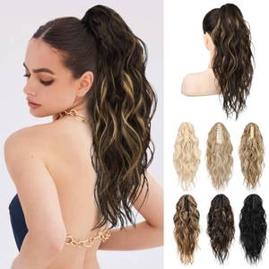 lot 89586 image: LONAI Ponytail Extension, 18 Wavy Claw Clip Ponytail Extensions Shoulder Length Curly Wavy Claw Clip in Ponytail Hair Extensions Synthetic Fake Pony tails Hairpieces-Brown with Blonde Highlights