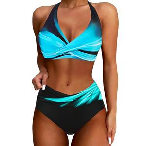 lot 89591 image: FashPalace High Waisted Bikini Sets for Women, Slimming Two Piece Wrap Front Swimsuit Sexy V Neck Bathing Suit for Women Tummy Control Halter Push Up Swimsuits Vintage Print Swimwear (4-M)