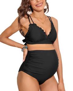 lot 89592 image: Charmo Maternity Swimsuit Bikini Set Scallop Trim Pregnancy Swimwear High Waist Two Piece Bathing Suit Black M