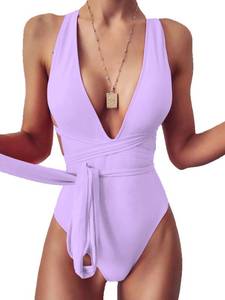 lot 89596 image: Lilosy Sexy Lace Up Plunge Neck Backless High Waisted Low Cut Leg Rise Thong Cheeky Brazilian 1 Piece Bikini Swimsuit Women Back Bathing Suit Tie Criss Cross Monokini Light Purple Large