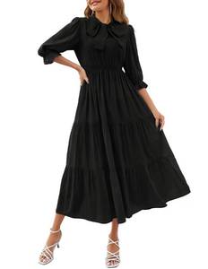 lot 89599 image: ZESICA Womens Casual Half Sleeve Tie V Neck Elastic High Waist Solid Color Flowy Tiered A Line Beach Party Maxi Dress,Black,Medium