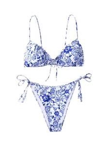 lot 89600 image: Floerns Womens Plus Size V Neck Triangle Bikini Set Ribbed 2 Piece Bathing Suit Blue and White 2XL