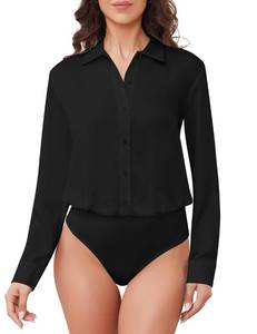 lot 89603 image: POLIRO Womens Button Down Long Sleeve Bodysuit Blouse Satin Office Work Shirts One-piece Body Suit Tops Business Casual(Black,S)