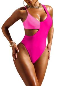 lot 89618 image: Pink Queen Women One Piece Bathing Suit Cheeky High Waisted Tummy Control Swimsuit Monokini Rose Pink L