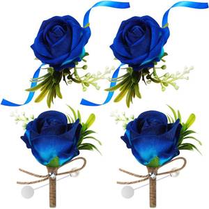lot 89623 image: 4 Pcs Corsage and Boutonniere Set, 2 Rose Wrist Corsage Wristlet Band Bracelet for Prom and 2 Boutonniere for Men Wedding Groom Flowers Accessories Suit Decoration (Blue)