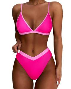 lot 89627 image: SUUKSESS Women Triangle High Cut Bikini Sets Sexy High Waisted Color Block Two Piece Swimsuits Push Up Bathing Suits(Pink Color Block,M)