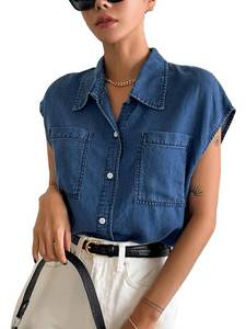 lot 89629 image: Verdusa Womens Pocket Front Cap Sleeve Button Up Denim Blouse Shirt Top Blue X-Large