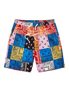 lot 89640 image: Floerns Mens Boho Tribal Print Drawstring Waist Summer Shorts with Pocket Blue Orange Paisley XX-Large