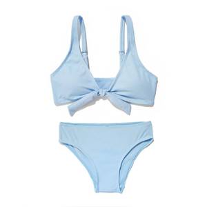 lot 89644 image: MIENOE Teen Girls Swimsuits Two-Piece V-Neck Bow Kids Bikini Swimsuit Solid Color Adjustable Shoulder Straps Girls Sky Blue Bikini (Size 12-14Years)