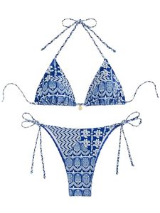 lot 89647 image: SOLY HUX Womens Bikini Sets High Waisted Bathing Suits Two Piece Swimsuits Sexy Triangle Halter Bikinis Blue and White XS