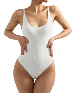 lot 89648 image: SUUKSESS Women Sexy Backless Thong Bodysuits Scoop Neck Sleeveless Basic Cami Body Suit Top (White, XS)