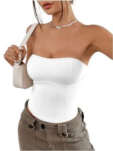 lot 89651 image: WDIRARA Womens Rib-Knit Tube Top Strapless Sleeveless Slim Casual Cup Detail Top White XS
