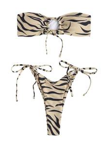 lot 89653 image: WDIRARA Womens 2 Piece Bikini Sets Zebra Stripe All Over Printed Tie Side Sleeveless Beach Swimsuits Khaki S