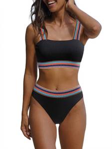 lot 89657 image: Hilinker Womens Color Block Ribbed Knit Bikini Set Contrast Trim 2 Piece Swimsuits Black Small