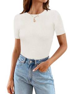 lot 89668 image: MEROKEETY Womens 2024 Summer Ribbed Short Sleeve Bodysuits Slim Fit Crewneck Knit Body Suit White L