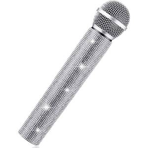 lot 89687 image: Sanwuta Fake Microphone Prop Halloween Microphone Sparkly Bling Rhinestones Plastic Play Microphone Pretend Glitter Bedazzled Microphones for Halloween Cosplay Party Supplies(Silver)