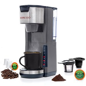 lot 89688 image: Mixpresso Single Serve Coffee Brewer K-Cup Pods Compatible & Ground Coffee, 30oz Coffee Maker Single Serve 5 Brew Sizes Fits Up To 14Oz Travel Mug, Grey Coffee Maker Adjustable Drip Tray