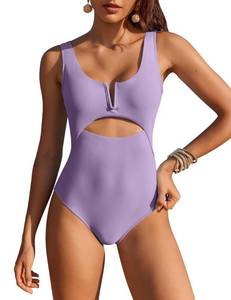 lot 89703 image: AIMAGE Womens One Piece Swimsuits Bathing Suit Push Up Swimwear V Neck High Cut Monokini Lilac Purple Large