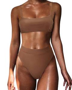 lot 89704 image: MOSHENGQI Women High Waisted High Cut Bikini Push Up Bandeau Swimsuits (Small, Brown)
