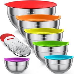 lot 89711 image: JSCARES Mixing Bowls with Colorful Airtight Lids, 6 Piece Stainless Steel Metal Bowls with 3 Grater Attachments, Size 4.5, 3.5, 2.1, 1.5, 1.1, 0.7 QT