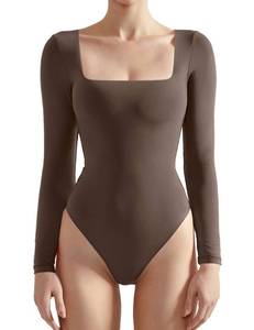 lot 89717 image: SUUKSESS Women Long Sleeve Bodysuit Sexy Square Neck Thong Body Suit Shirts Top for Fall and Winter (Brown, Medium)