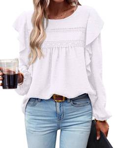 lot 89718 image: BTFBM Long Sleeve Blouses for Women Dressy Casual Crew Neck Ruffle Crochet Loose Tunic Shirts Swiss Dot Fall Tops 2024(Solid White, X-Large)